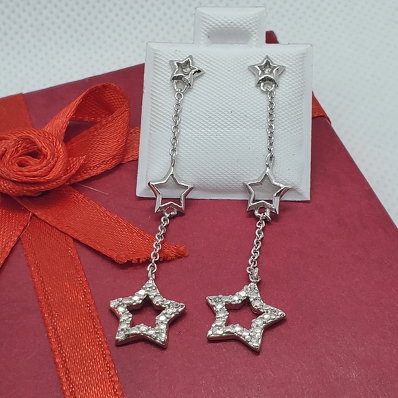 Silver 925 Stars CZ Wire Dangling Stud Earrings - Picture 2 of 6